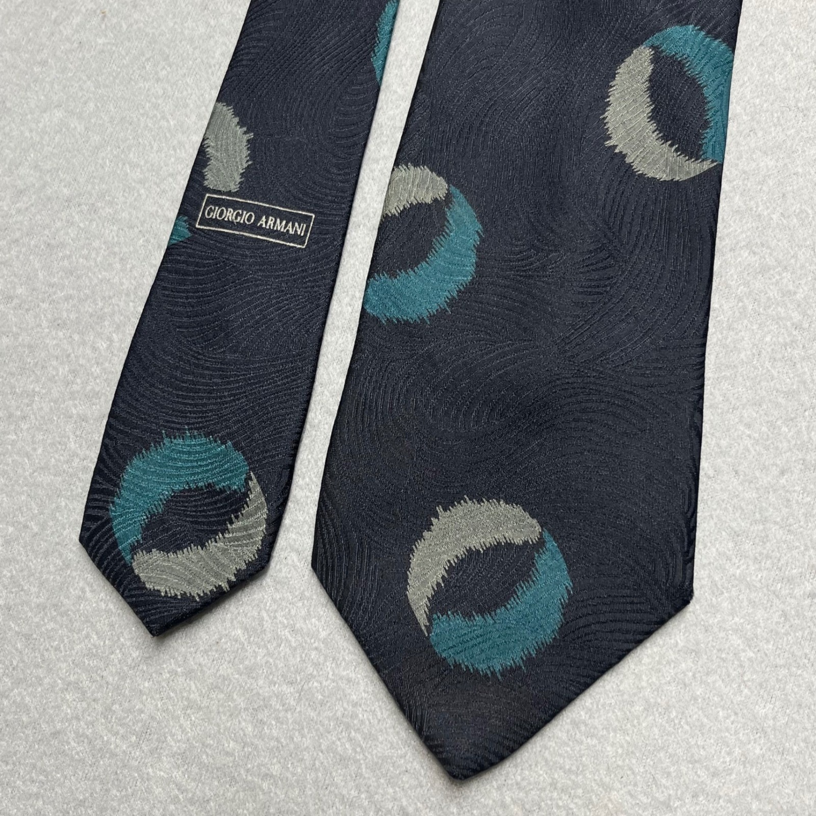 Vtg Giorgio Armani Silk Necktie Men Navy Blue Teal Gray Geometric Pattern